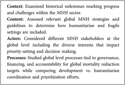Stakeholder perspectives on factors that influence global prioritization for MNH in humanitarian settings